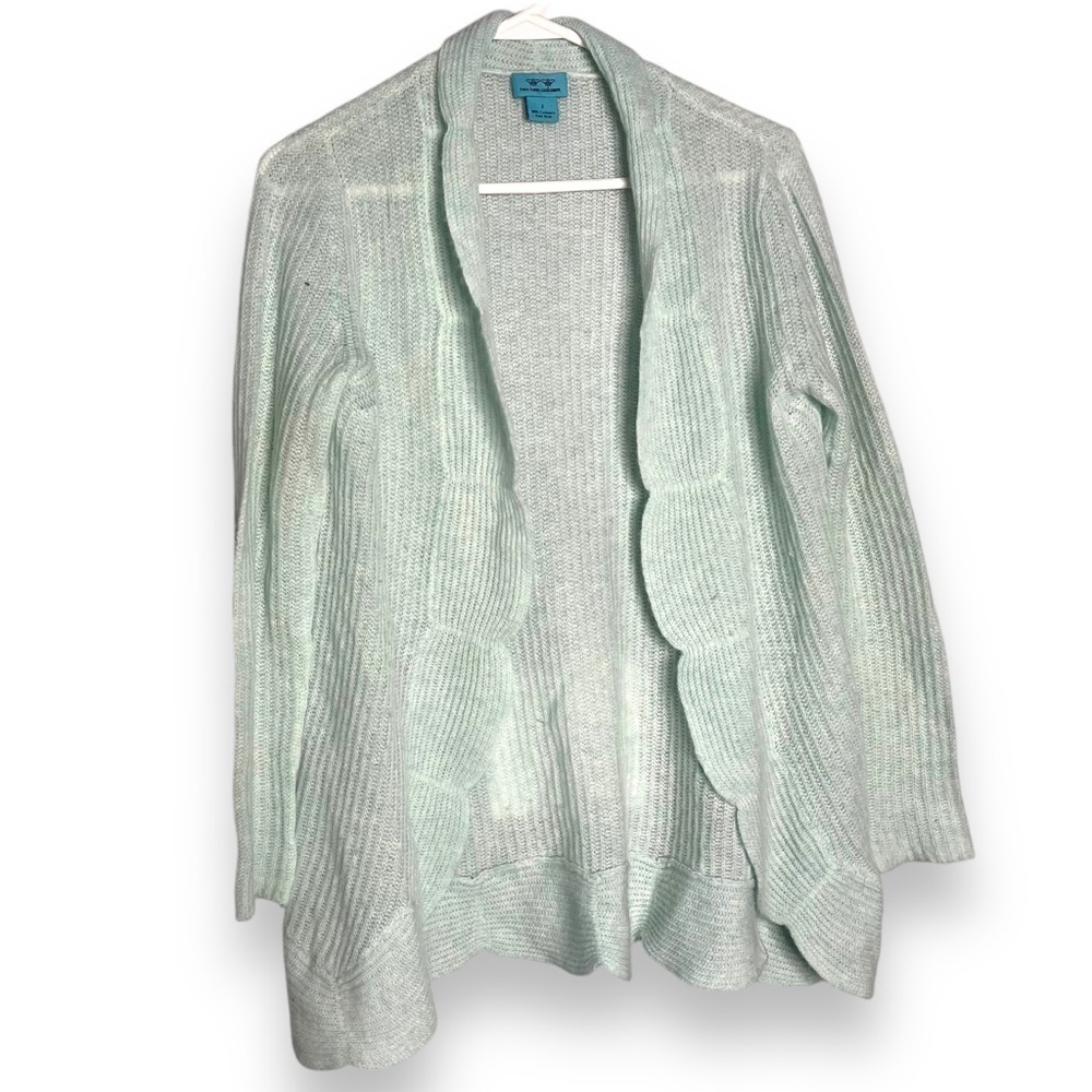 Two Bees Mint Green Cashmere Cardigan Size Small Scalloped Edge Open Front
